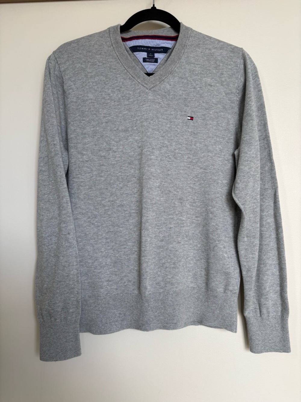Tommy Hilfiger V Neck Sweater Gray Pima Cotton Unisex Preppy Men’s M